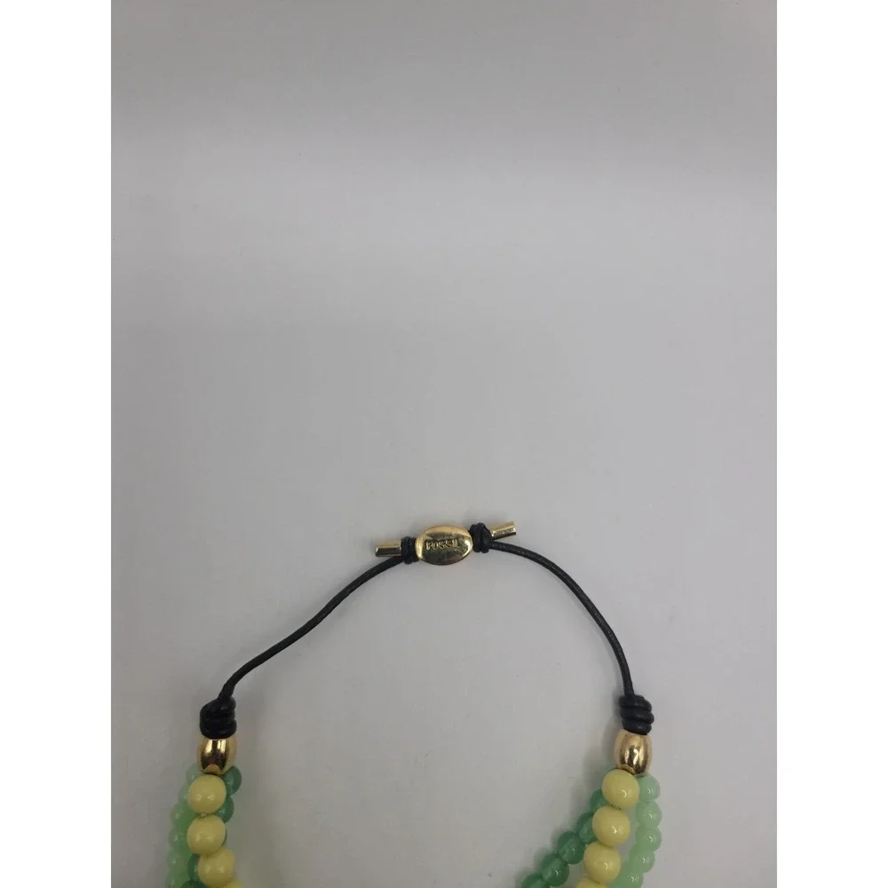Fossil Green Yellow Multi Strand Beaded Bracelet Gold Tone Crystal Accent Slide